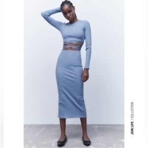 New Cotton Blend Ribbed Light Blue Long Sleeve Crop Top & Highrise Midi Skirt